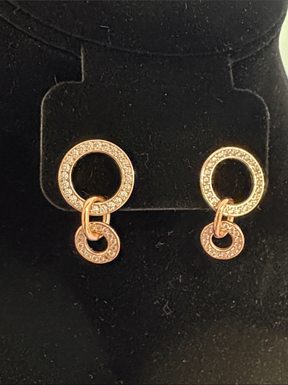 Rose Gold Pave Double Circle Drop Earrings Hespera 1”